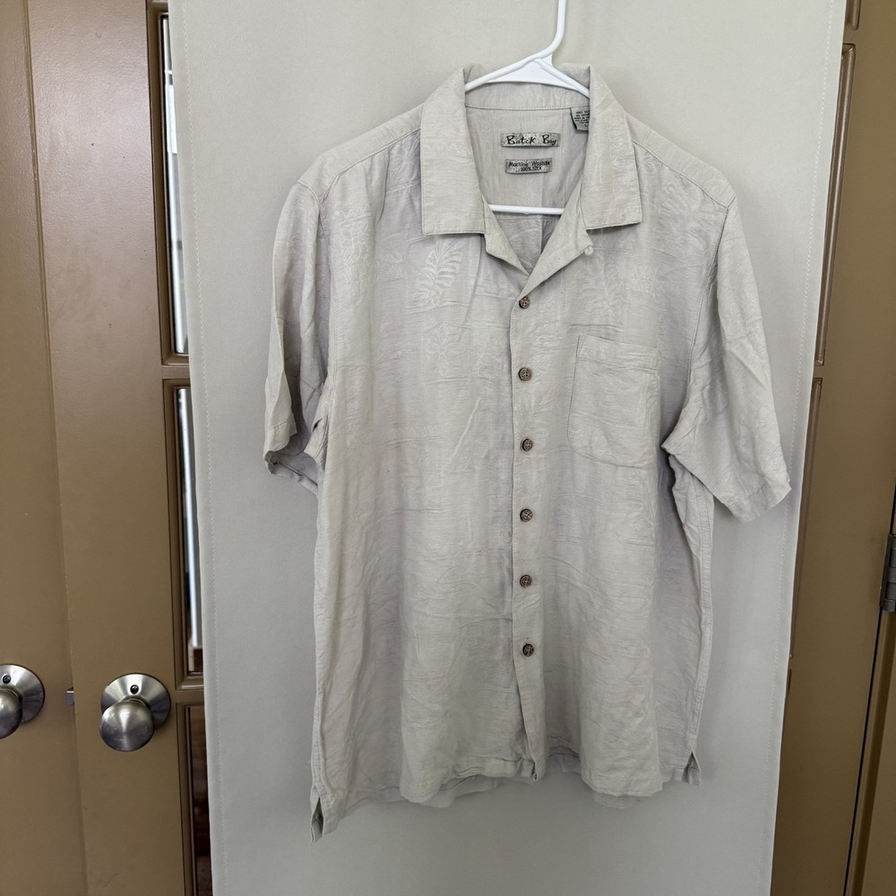 Batik Bay Men's Large Cream White 100% Silk Short Sleeve Button Up‎ Shirt